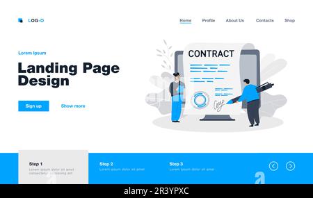 Winzige Leute unterzeichnen Riesenvertrag mit elektronischer Unterschrift Stock Vektor