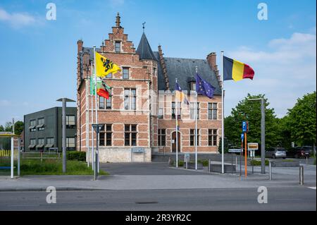 Sint-Gillis-Waas, Ostflämische Region, Belgien - 21. Mai 2023 - Rathaus und Platz mit lokalen, flämischen und belgischen Flaggen Stockfoto