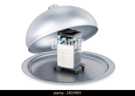 Restaurant Cloche mit Office Multifunktionsdrucker MFP, 3D-Rendering auf weißem Hintergrund isoliert Stockfoto