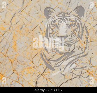 Tigergesicht in Marmorwände geschnitzt, 3D-Darstellung. Stockfoto