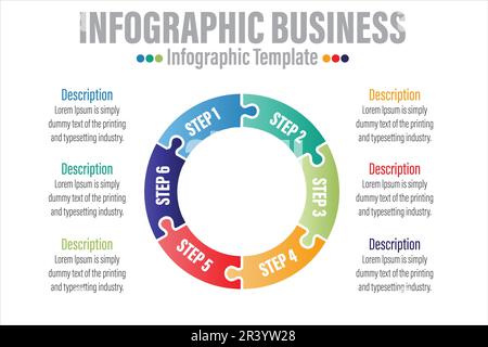 Infografik-Vorlage für Unternehmen. 6 Schritte modernes Puzzle-Diagramm mit Kreisen und Thementiteln, Präsentationsvektor-Infografik. Stock Vektor