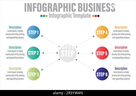Geschäftskreis. Infosymbole mit Zeitleiste für abstrakte Hintergrundvorlagen mit sechs 6-Schritten und sechs 6-Optionen. Stock Vektor
