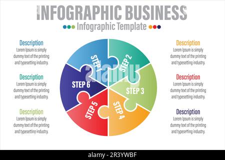 Infografik-Vorlage für Unternehmen. 6 Schritte modernes Puzzle-Diagramm mit Kreisen und Thementiteln, Präsentationsvektor-Infografik. Stock Vektor