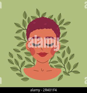 Psychische Gesundheit. Gesunde Mentalität und Selbstpflege Illustration. Glückliche Frau fühlt sich selbstbewusst, entspannt, akzeptiert, liebt sich selbst. Stock Vektor