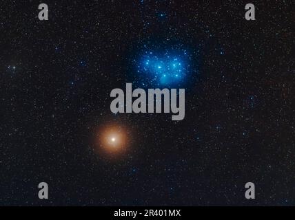 Ein roter Mars, der unter dem blauen Sternenhaufen der Pleiades vorbeizieht, Messier 45. Stockfoto