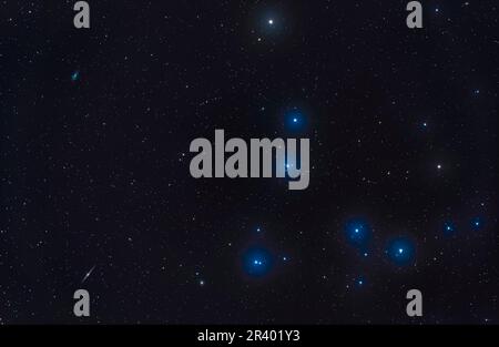 Koma Berenices Sterncluster Melotte 111, mit zwei Galaxien links; NGC 4559 und NGC 4565. Stockfoto