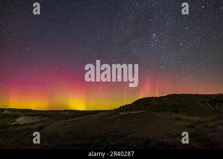 Eine dunkelrote und grüne aurora aus dem Dinosaur Provincial Park, Alberta, Kanada. Stockfoto