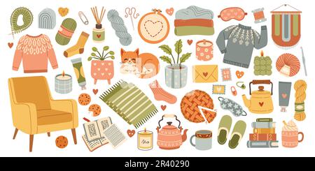 Hygge-Set, handgezeichneter Vektor, skandinavische skandinavische Doodle-Elemente. Gemütlicher, komfortabler Lifestyle, Winter- und Herbststimmung. Stock Vektor