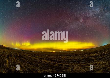 Grüner und roter aurora am nördlichen Horizont in Alberta, Kanada. Stockfoto