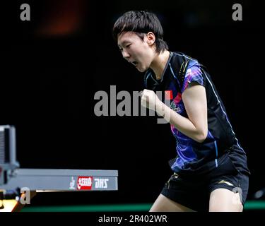 Durban, Südafrika. 25. Mai 2023. Wang Manyu aus China feiert das Spiel der Frauen im Einzelspiel 16 gegen Nina Mittelham bei den ITTF Table Tennis World Championships Finals 2023 in Durban, Südafrika, am 25. Mai 2023. Kredit: Li Yahui/Xinhua/Alamy Live News Stockfoto