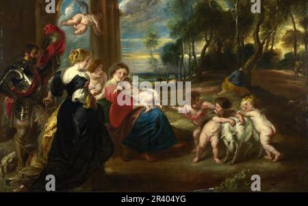 Vollständiger Titel: The Holy Family with Saints in a Landscape Künstler: Dem Studio von Peter Paul Rubens zugeschrieben Datum: Nach 1635 Stockfoto