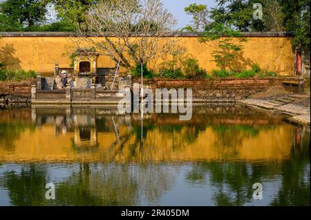 Eine gelbe Mauer, Bäume und ein Schrein, der sich auf einem Teich in der Kaiserstadt spiegelt, Zitadelle von Hue, die antike Hauptstadt von Vietnam. Stockfoto