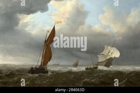 Vollständiger Titel: Ein niederländisches Schiff und andere kleine Schiffe in einer starken Brise Künstler: Willem van de Velde Herstellungsdatum: 1658 Stockfoto
