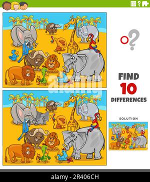 Difference-Spiel mit Cartoon Safari Tierfiguren Stockfoto