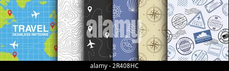 „Travel Seamless Pattern“-Kollektion. Von Reisen inspirierte Designs für Textilien und Bekleidung. Kompass, Karte, Porto, Briefmarken und Kartografie. Grafiken Stock Vektor