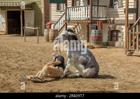 Sioux City Park, Gran Canaria - 2023. April: Besucher können auch an Aktivitäten wie dem Werfen eines Cowboy Lasso teilnehmen und die verschiedenen genießen Stockfoto