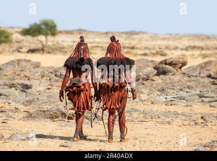 Zwei Frauen des Himba-Stammes laufen in Nationalkleidung durch die Wüste. Stockfoto