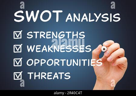 Handschriftliche SWOT-Analysekontrollen kennzeichnen das Geschäftskonzept zur Bewertung von Stärken, Schwächen, Chancen und Bedrohungen eines Unternehmens. Stockfoto