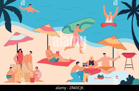 Männer und Frauen genießen Sommerurlaub am Strand Stock Vektor
