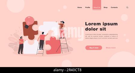 Ein Team aus winzigen Menschen, die riesige Puzzleelemente verbinden Stock Vektor