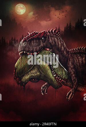 Giganotosaurus mit einem subadulten T.-rex-Kopf im Kiefer. Stockfoto