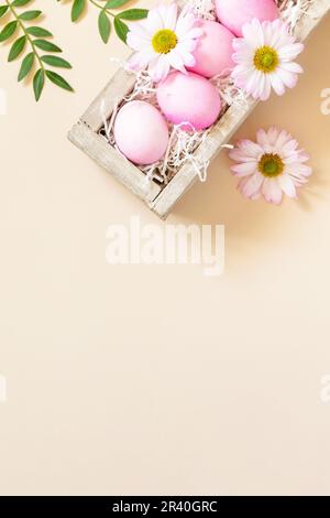 Das Minimalkonzept von Ostern. Ostereier bemalt rosa Eier auf trendigen Pastell Hintergrund. Draufsicht flach liegend. Speicherplatz kopieren. Stockfoto