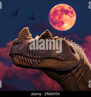 Ceratosaurus-Dinosaurier-Porträt bei Nacht. Stockfoto