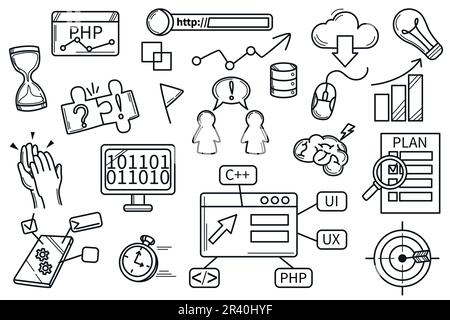 Hackathon-Spielset. Handgezeichnete Symbole Sammlung von Programmier-, Brainstorming- und Generationsideen, Entwicklung, Timing und Teamarbeit, Ziel- und Strategieplan. Software-Vektorzeichnungen entwickeln. Stock Vektor