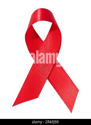 Ein seidenrotes Band in Form einer Schleife ist isoliert auf weißem Hintergrund, ein Symbol des Kampfes gegen AIDS und ein Zeichen von solide Stockfoto