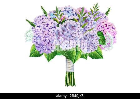 Aquarelle Darstellung eines wunderschönen Hortensien-Bouquet in einer Geschenkbox. Stockfoto