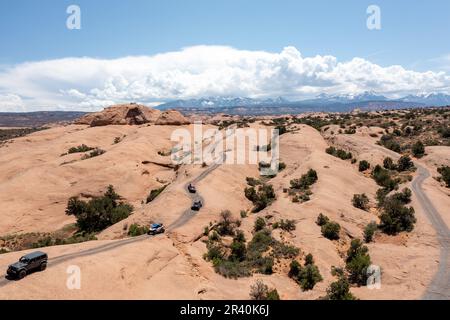 Ein Jeep & Off Highway oder OHVs fahren über die Sandsteinkuppeln des Fins & Things Trail in der Nähe von Moab, Utah. Stockfoto