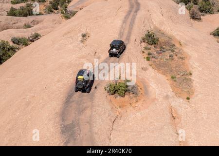 OHVs oder Off Highway-Fahrzeuge fahren über die Sandsteinkuppeln des Fins & Things Trail in der Nähe von Moab, Utah. Stockfoto