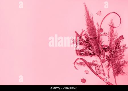 Minimalistische Blumendekoration. Pampas-Gras mit getrockneten Blumen, Pflanzen, Blumenstrauß. Draufsicht flach liegend. Trendige Farbe des Jahres 2023 Stockfoto