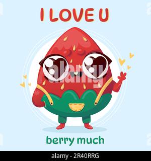 Ich liebe dich sehr. Süße, helle Karte mit verliebter Erdbeere. Stock Vektor