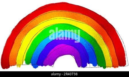 Bunte, unordentliche Regenbogenzeichnung von Hand gemalte Aquarell- und Buntstift-Kinderzeichnung isoliert auf weißem Hintergrund. Verspielte Kindergartenkarriere, LGBTQ-Stolz oder Taucher Stockfoto