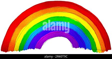 Bunte, unordentliche Regenbogenzeichnung von Hand gemalte Aquarell- und Buntstift-Kinderzeichnung isoliert auf weißem Hintergrund. Verspielte Kindergartenkarriere, LGBTQ-Stolz oder Taucher Stockfoto