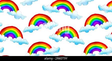 Nahtlos farbenfrohe Regenbogen und Wolken handgezeichnete Aquarelle und Buntstifte für Kinder. Verspielte Tapete für das Kinderzimmer, Sommerhimmel, patte Stockfoto