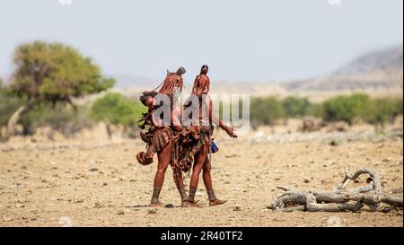 Zwei Frauen des Himba-Stammes laufen in Nationalkleidung durch die Wüste. Stockfoto
