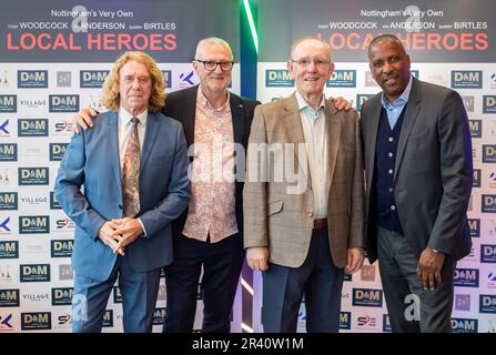 (Von links nach rechts) Tony Woodcock, Garry Birtles, Ian Bowyer, Viv Anderson während der Weltpremiere der dokumentarischen Local Heroes im Arc Cinema, Beeston, Nottingham am 25. Mai 2023 (Foto von Ritchie Sumpter/Alamy Live News) Stockfoto