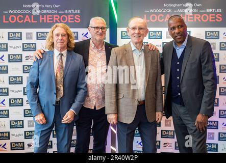 (Von links nach rechts) Tony Woodcock, Garry Birtles, Ian Bowyer, Viv Anderson während der Weltpremiere der dokumentarischen Local Heroes im Arc Cinema, Beeston, Nottingham am 25. Mai 2023 (Foto von Ritchie Sumpter/Alamy Live News) Stockfoto