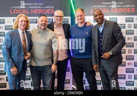 Tony Woodcock, Andy Reid, Gary Birtles, Alan Tate und Viv Anderson (von links nach rechts) während der Weltpremiere des Dokumentarfilms Local Heroes im Arc Cinema, Beeston, Nottingham am 25. Mai 2023 (Foto: Ritchie Sumpter/Alamy Live News) Stockfoto