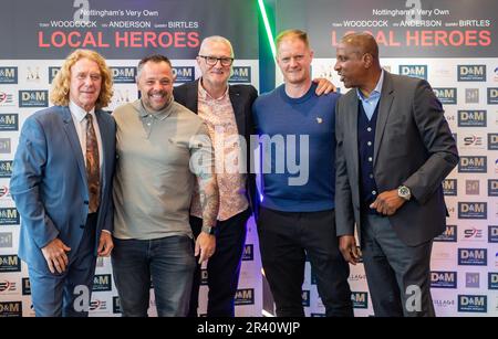 Tony Woodcock, Andy Reid, Gary Birtles, Alan Tate und Viv Anderson (von links nach rechts) während der Weltpremiere des Dokumentarfilms Local Heroes im Arc Cinema, Beeston, Nottingham am 25. Mai 2023 (Foto: Ritchie Sumpter/Alamy Live News) Stockfoto