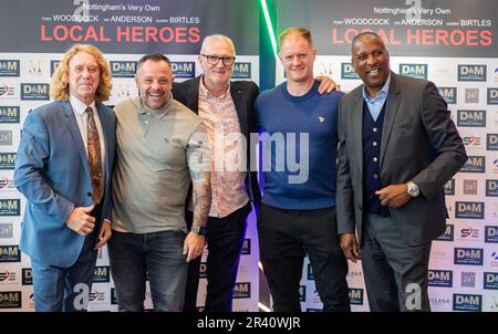 Tony Woodcock, Andy Reid, Gary Birtles, Alan Tate und Viv Anderson (von links nach rechts) während der Weltpremiere des Dokumentarfilms Local Heroes im Arc Cinema, Beeston, Nottingham am 25. Mai 2023 (Foto: Ritchie Sumpter/Alamy Live News) Stockfoto