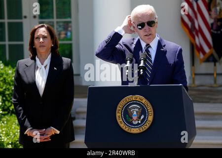 Washington, Usa. 25. Mai 2023. USA Präsident Joe Biden und Vizepräsident Kamala Harris geben seine Nominierung von General Charles Q. Brown, Jr. zum nächsten Vorsitzenden der Stabschefs am 25. Mai 2023 im Rosengarten des Weißen Hauses in Washington bekannt. Foto: Yuri Gripas/ABACAPRESS.COM Kredit: Abaca Press/Alamy Live News Stockfoto