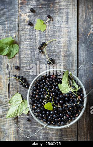 Rohe Bio-Beeren. Der Begriff der Vitamin-C-Nahrung. Frische schwarze Johannisbeeren auf einem Holztisch im rustikalen Stil. Blick von oben. Polizist Stockfoto