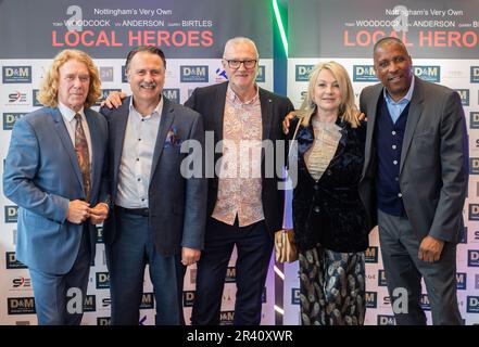 Tony Woodcock, Gary Webster, Gary birtles, Wendy-Turner Webster und Viv Anderson (von links nach rechts) während der Weltpremiere des Dokumentarfilms Local Heroes at the Arc Cinema, Beeston, Nottingham am 25. Mai 2023 (Foto: Ritchie Sumpter/Alamy Live News) Stockfoto