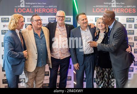 Tony Woodcock, John Warrington, Gary Birtles, Gary Webster, Wendy-Turner Webster und Viv Anderson (von links nach rechts) während der Weltpremiere des Dokumentarfilms Local Heroes at the Arc Cinema, Beeston, Nottingham am 25. Mai 2023 (Foto von Ritchie Sumpter/Alamy Live News) Stockfoto