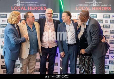 Tony Woodcock, John Warrington, Gary Birtles, Gary Webster, Wendy-Turner Webster und Viv Anderson (von links nach rechts) während der Weltpremiere des Dokumentarfilms Local Heroes at the Arc Cinema, Beeston, Nottingham am 25. Mai 2023 (Foto von Ritchie Sumpter/Alamy Live News) Stockfoto