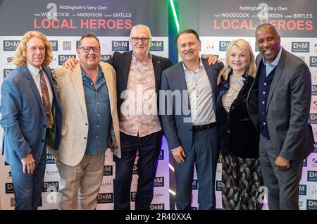 Tony Woodcock, John Warrington, Gary Birtles, Gary Webster, Wendy-Turner Webster und Viv Anderson (von links nach rechts) während der Weltpremiere des Dokumentarfilms Local Heroes at the Arc Cinema, Beeston, Nottingham am 25. Mai 2023 (Foto von Ritchie Sumpter/Alamy Live News) Stockfoto