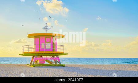 Strandhütte am Strand in Miami Florida, farbenfrohe Hütte am Strand bei Sonnenaufgang Miami Beach Stockfoto